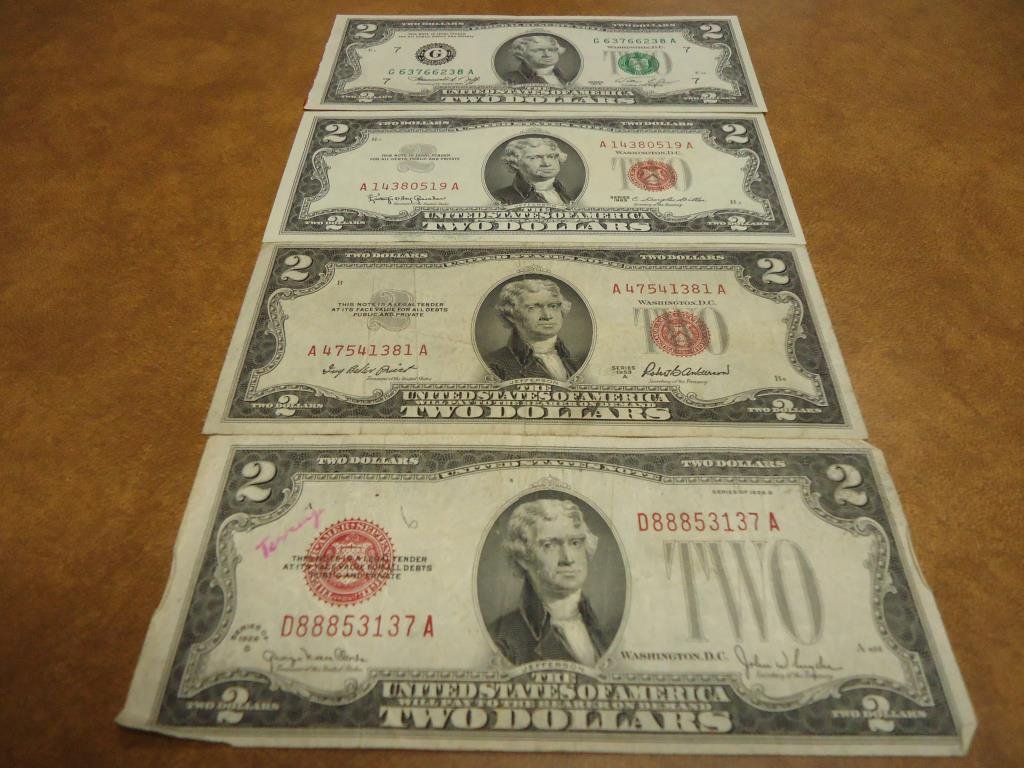 LOT OF 4 US $2 BILLS SEE DESCRIPTION 1928-G RED SEAL, (1 of 2)