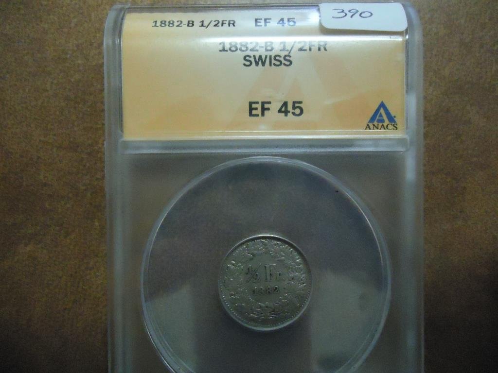 1882-B SWISS SILVER 1/2 FRANC ANACS EXTRA FINE 45 (1 of 2)