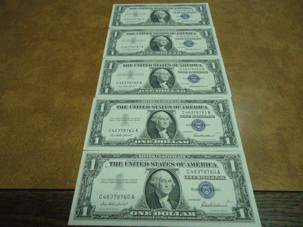 5-1957 CONSECUTIVE SERIAL # $1 SILVER CERTIFICATES (1 of 2)