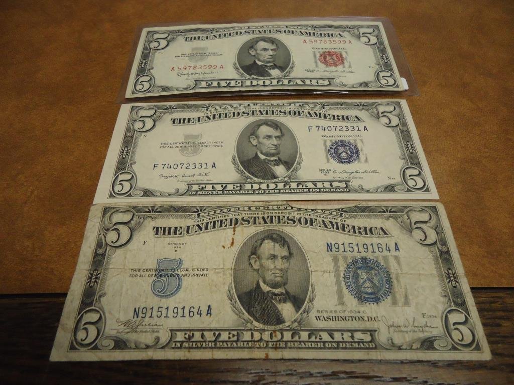 LOT OF 3-$5 US CURRENCY SEE DESCRIPTION 1934-C BLUE (1 of 2)