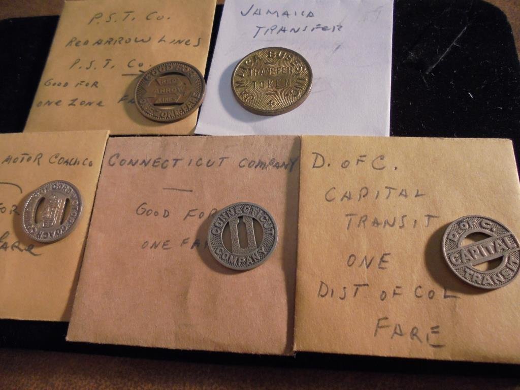 5 ASSORTED TRANSPORTATION TOKENS P.S.T. COMPANY, (1 of 2)