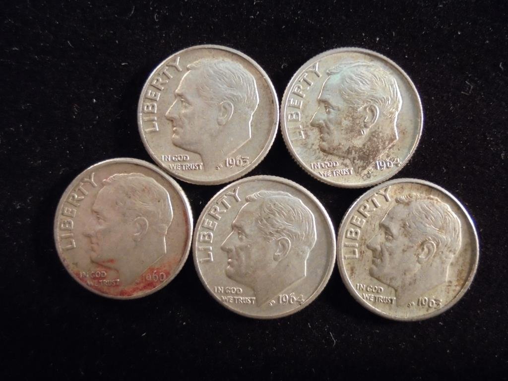5 ASSORTED SILVER ROOSEVELT DIMES: You must call or email us with your credit card number directly