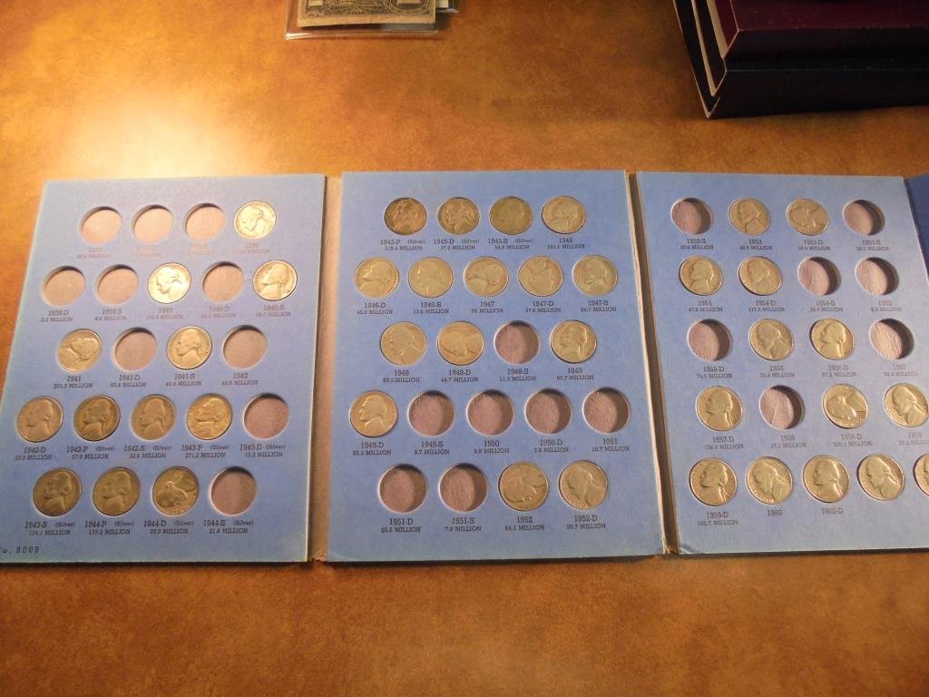 PARTIAL 1938 UP JEFFERSON NICKEL SET 41 COINS INCLUDING: INCLUDING 9 35% SILVER JEFFERSON WAR NICKELS, IN WHITMAN ALBUM