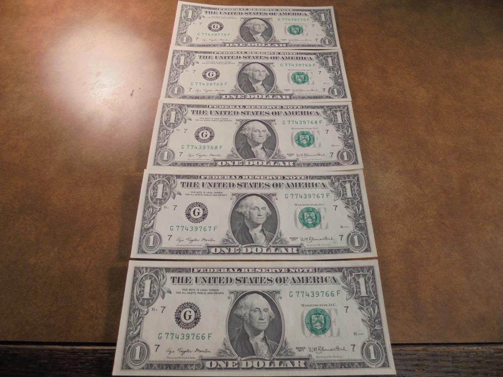 5-1977 $1 FRN'S CRISP UNC CONSECUTIVE SERIAL 'S (1 of 2)