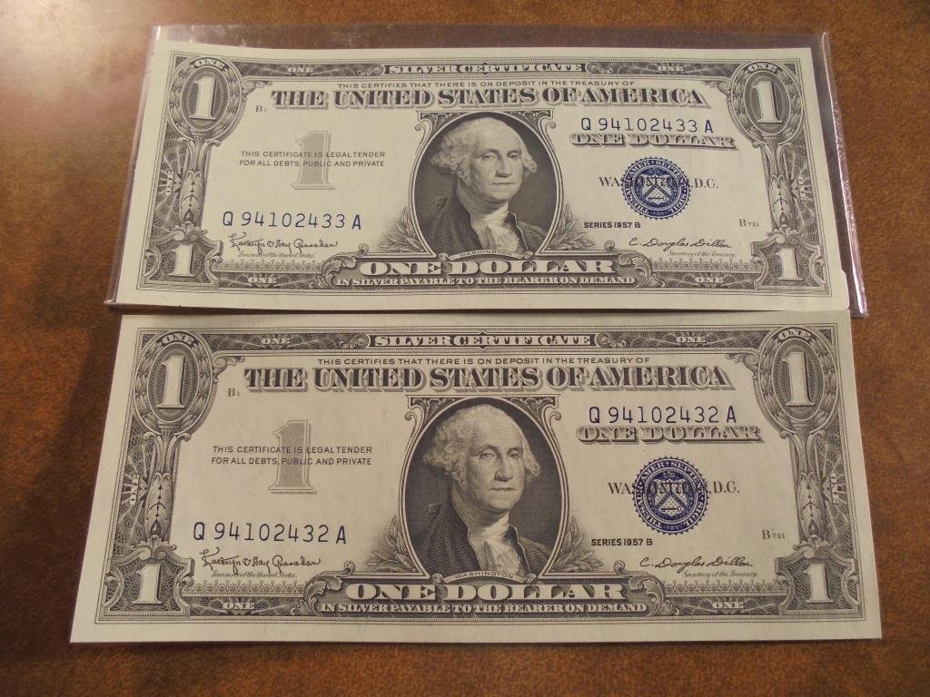 2-1957-B $1 SILVER CERTIFICATES CRISP UNC CONSECUTIVE (1 of 2)