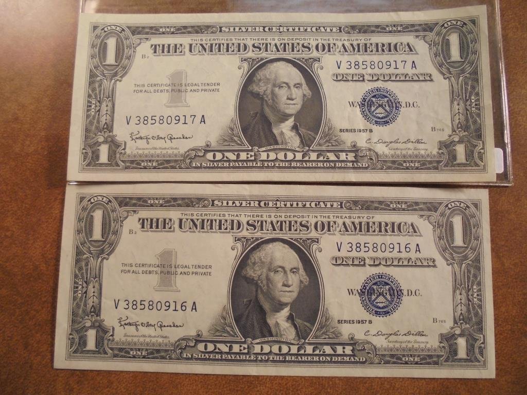 2-1957-B $1 SILVER CERTIFICATES CONSECUTIVE SERIAL (1 of 2)