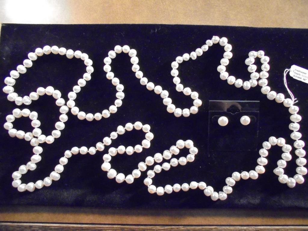 FRESH WATER PEARL NECKLACE & EARRING SET NECKLACE IS: NECKLACE IS 66" 8-9-MM AND THE EARRINGS ARE 9-10-MM, RETAILS FOR $260.00, WHITE IN COLOR