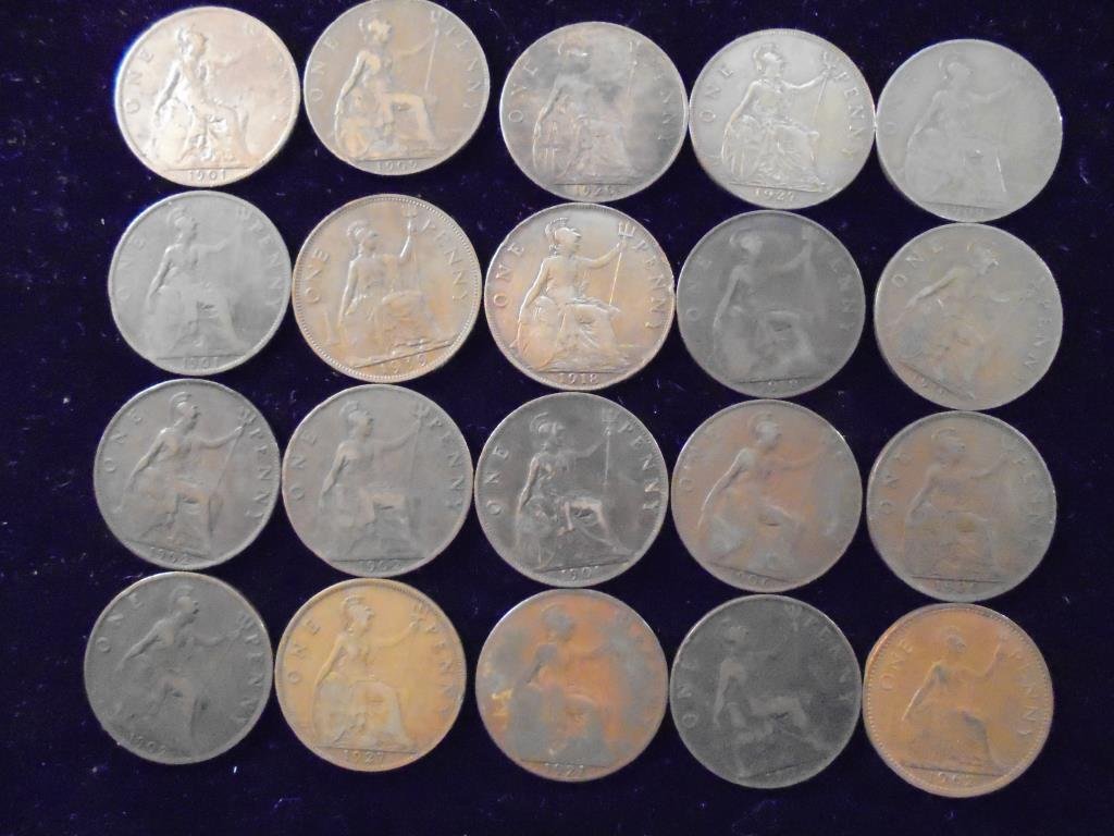 20 ASSORTED 1901-62 GREAT BRITAIN LARGE 1 PENNIES (1 of 2)