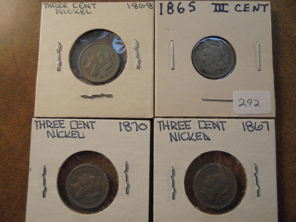 1865,67,68 & 1870 THREE CENT PIECES (NICKEL) 1865 IS (1 of 2)