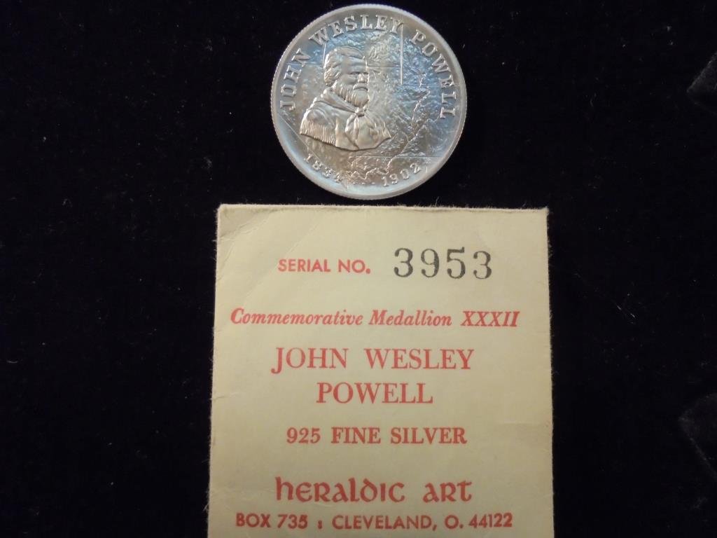 1834-1902 JOHN WESLEY POWELL STERLING SILVER: COMMEMORATIVE MEDALLION BY HERALDIC ART UNC
