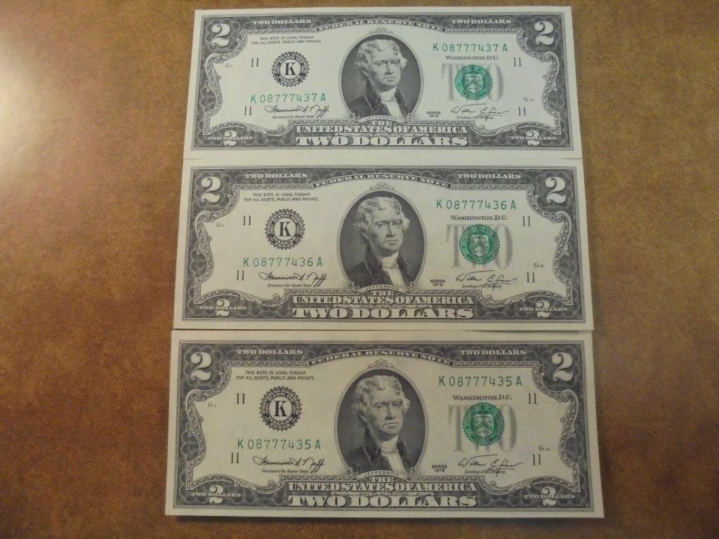 3-1976 $2 FRN'S CRISP UNC CONSECUTIVE SERIAL 'S (1 of 2)