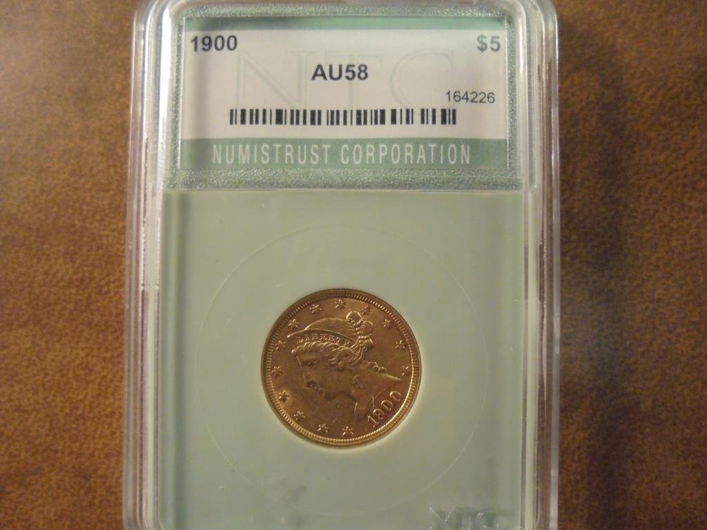 1900 GOLD $5 LIBERTY HALF EAGLE NTC AU58 (1 of 2)