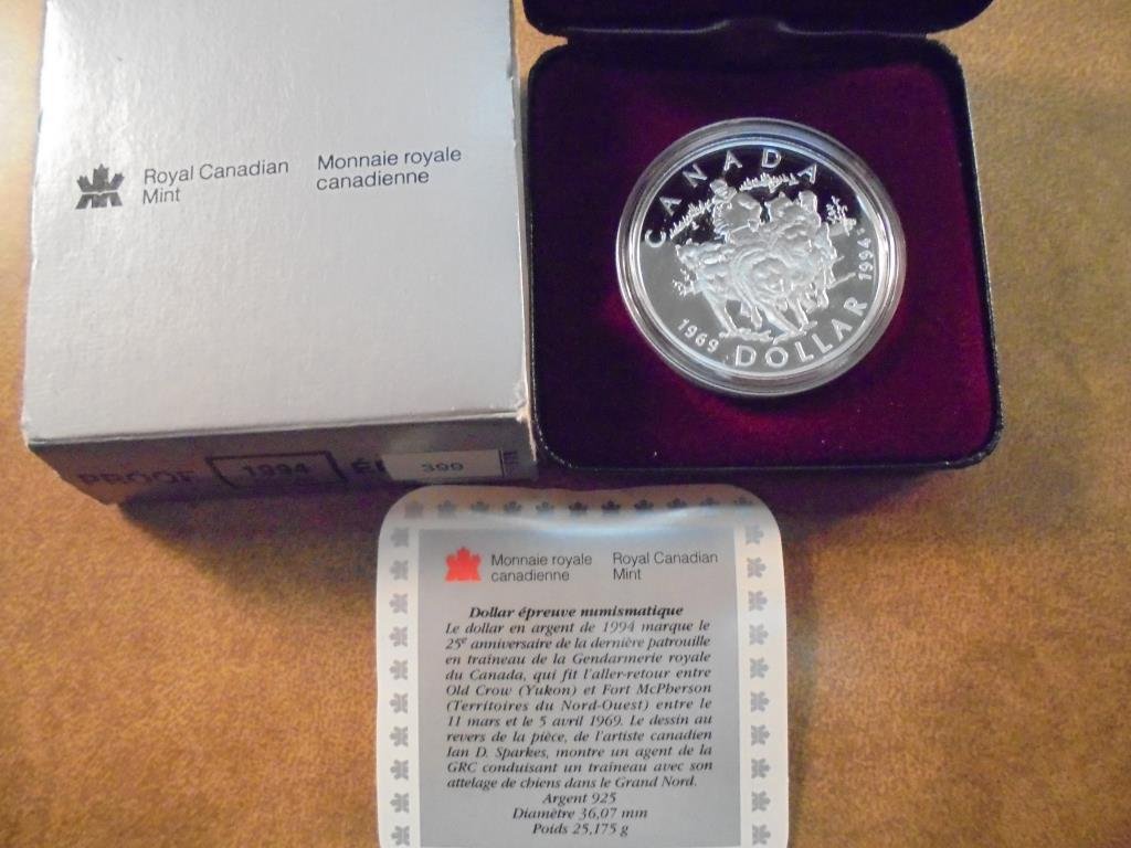 1994 CANADA DOGSLED SILVER DOLLAR PROOF .7487 OZ. ASW, (1 of 2)