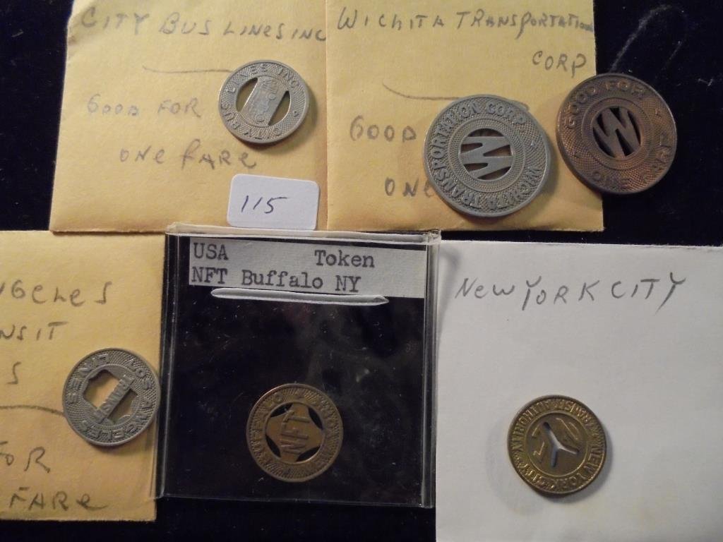 6 ASSORTED TRANSPORTATION TOKENS CITY BUS LINES, (1 of 2)