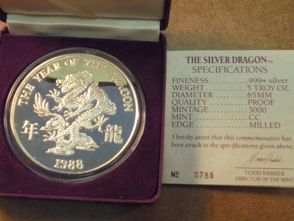5 TROY OZ. .999 FINE SILVER 1988 SILVER DRAGON PF (1 of 2)