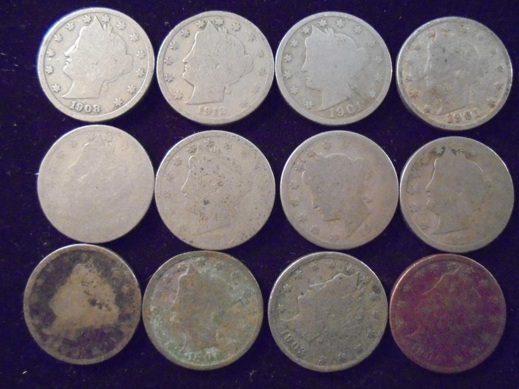 12 ASSORTED 1900'S LIBERTY "V" NICKELS (1 of 2)