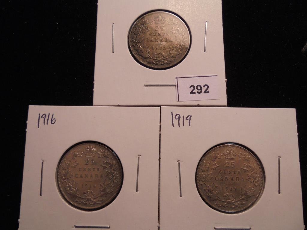 1912,16 & 19 CANADA SILVER 25 CENTS (1 of 2)
