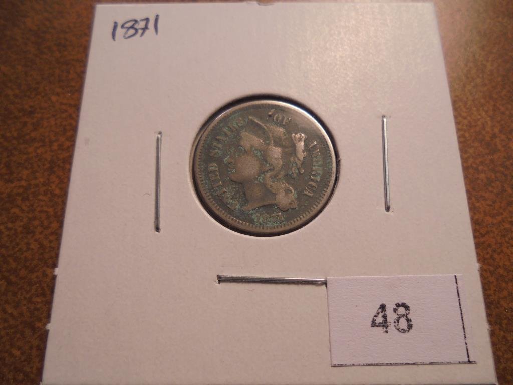 1871 THREE CENT PIECE (NICKEL) WITH VIRDIGRIS (1 of 2)
