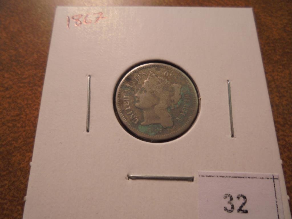 1867 THREE CENT PIECE (NICKEL) WITH VIRDIGRIS (1 of 2)