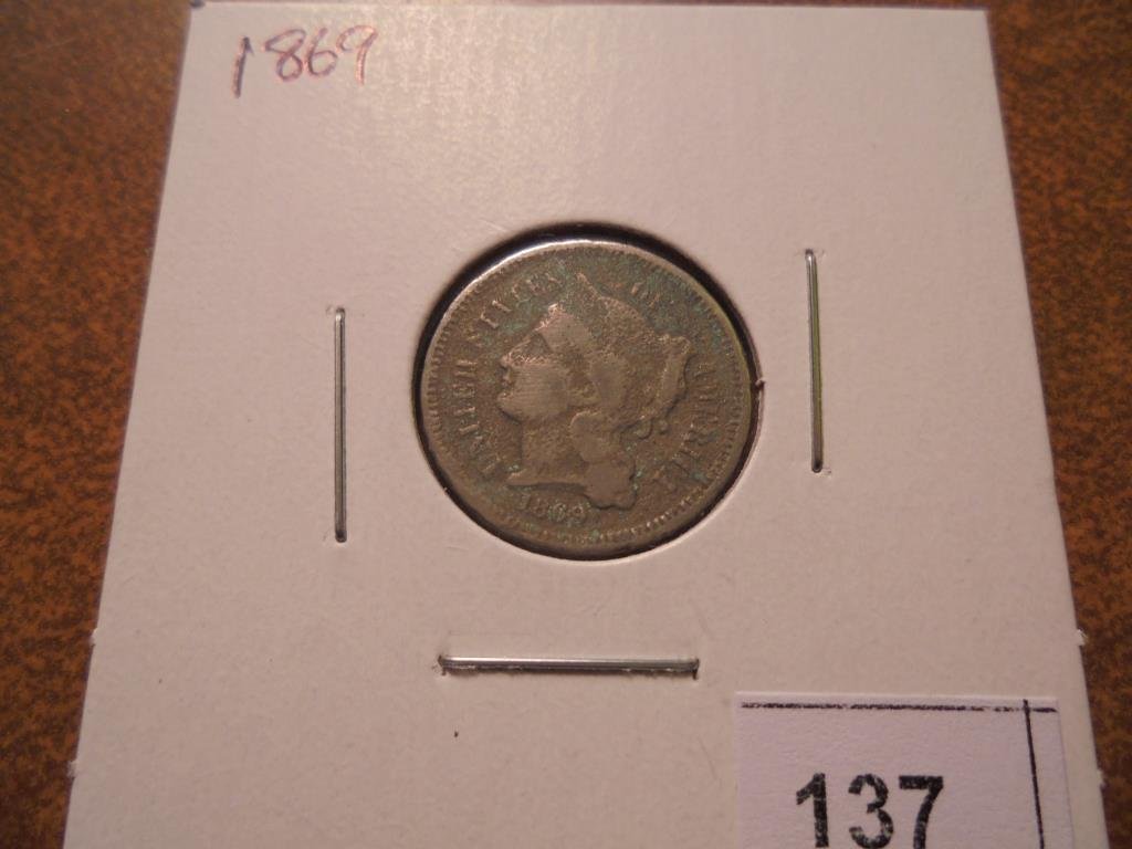 1869 THREE CENT PIECE (NICKEL) WITH VIRDIGRIS (1 of 2)