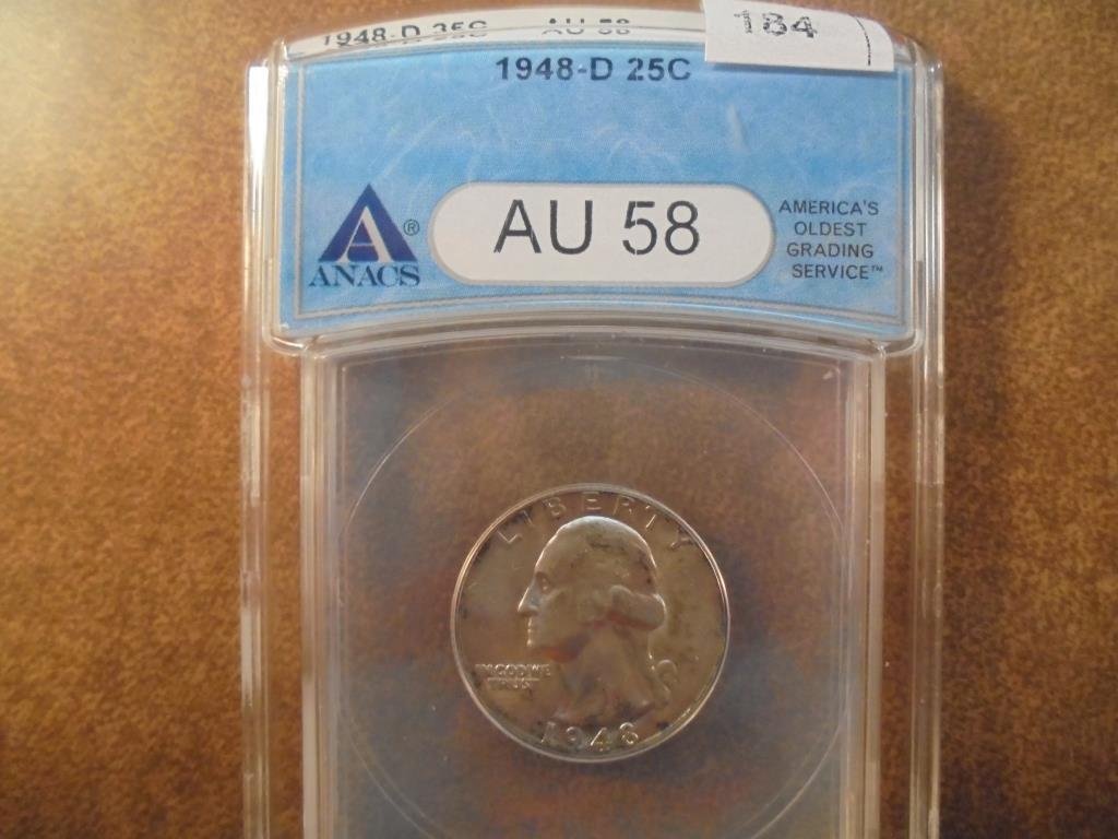 1948-D WASHINGTON SILVER QUARTER ANACS AU58 (1 of 2)