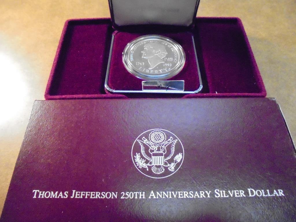 1993-S THOMAS JEFFERSON 250TH ANNIVERSARY PROOF SILVER: SILVER DOLLAR, ORIGINAL US MINT PACKAGING