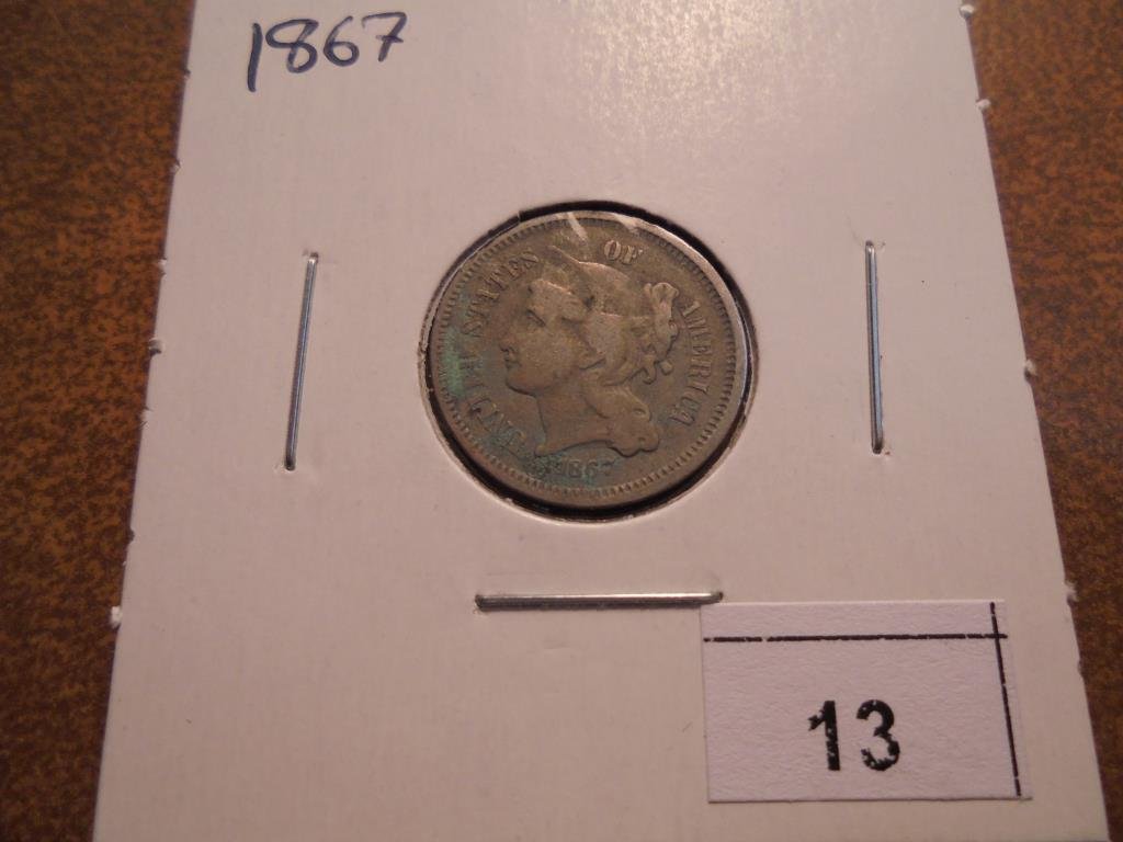 1867 THREE CENT PIECE (NICKEL) WITH VIRDIGRIS (1 of 2)