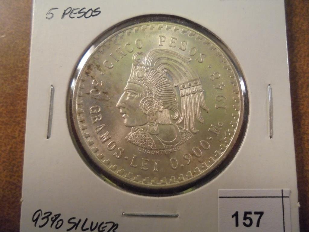 1948 MEXICO SILVER 5 PESOS .8680 OZ. ASW UNC (1 of 2)