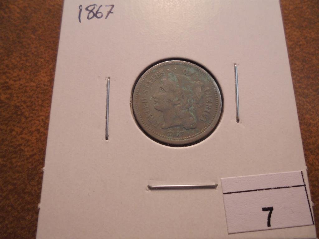 1867 THREE CENT PIECE (NICKEL) WITH VIRDIGRIS (1 of 2)