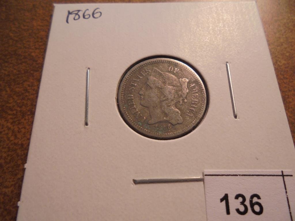 1866 THREE CENT  PIECE (NICKEL) WITH VIRDIGRIS (1 of 2)