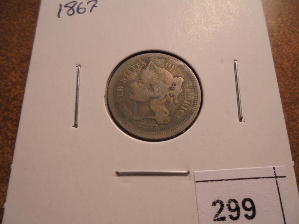 1867 THREE CENT PIECE (NICKEL) WITH VIRDIGRIS (1 of 2)