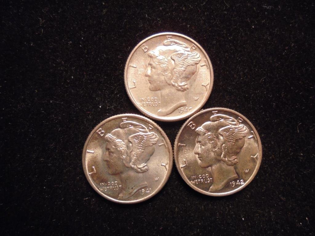 1940-S, 1941 & 1942 MERCURY DIMES UNC (1 of 2)