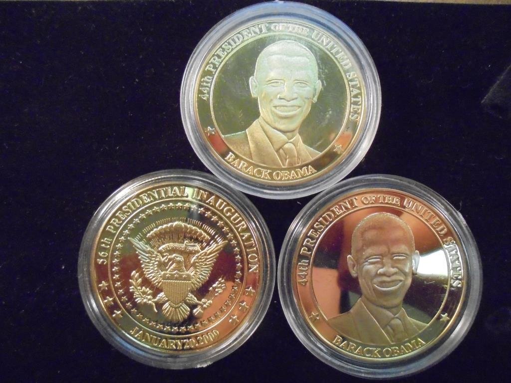 3-2009 BARACK OBAMA INAUGURATION TOKENS (PF) ALL THREE: ALL THREE ARE GOLD IN COLOR AND ARE SILVER DOLLAR SIZED.