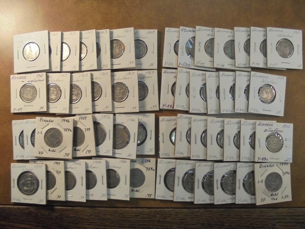 53 ASSORTED ECUADOR COINS 19-1937-1970 SUCRES, (1 of 3)