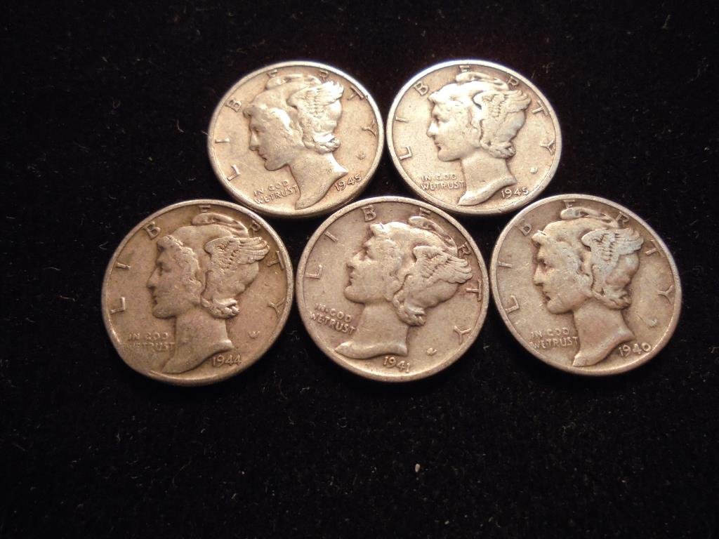 5 ASSORTED 1940'S MERCURY DIMES (1 of 2)