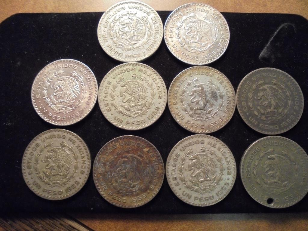 10 ASSORTED MEXICAN 1958-1967 SILVER PESOS 1 HOLED (1 of 2)