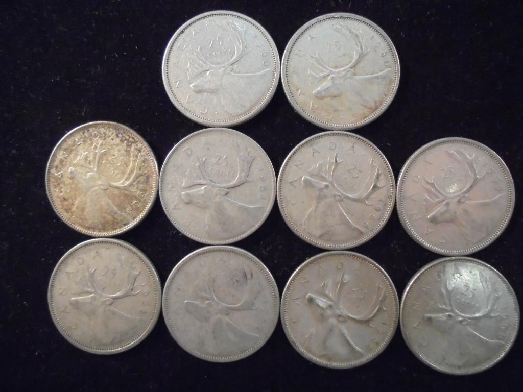 10 ASSORTED CANADA SILVER 25 CENTS (1 of 2)