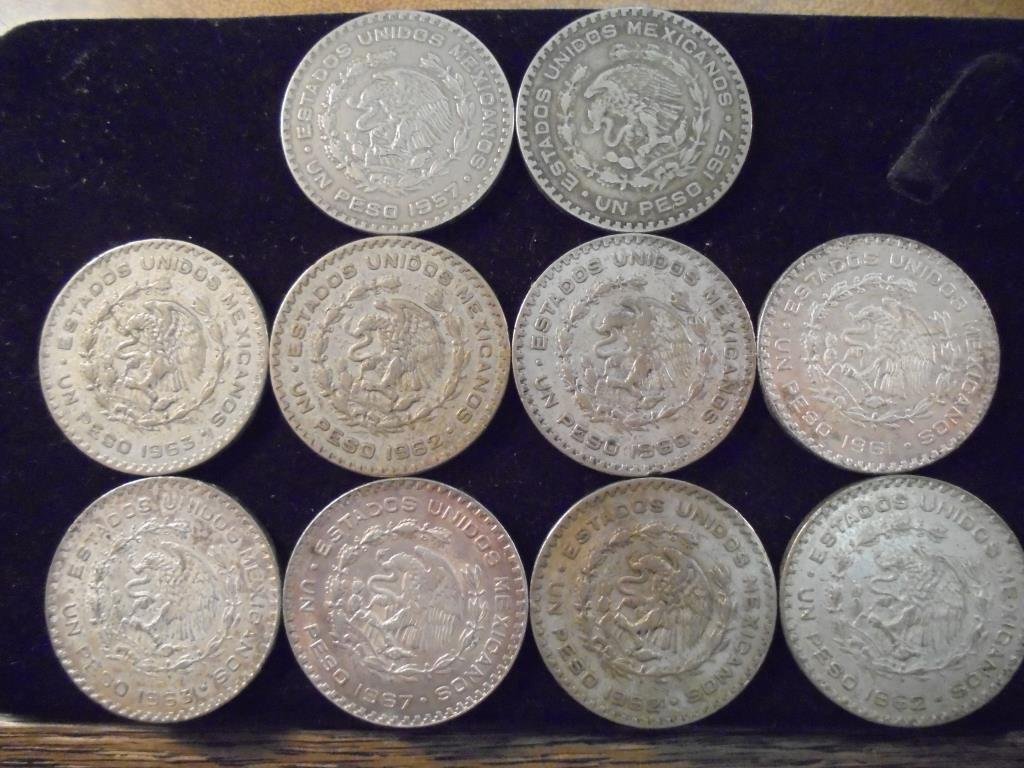 10 ASSORTED 1957-1967 MEXICO SILVER PESOS (1 of 2)