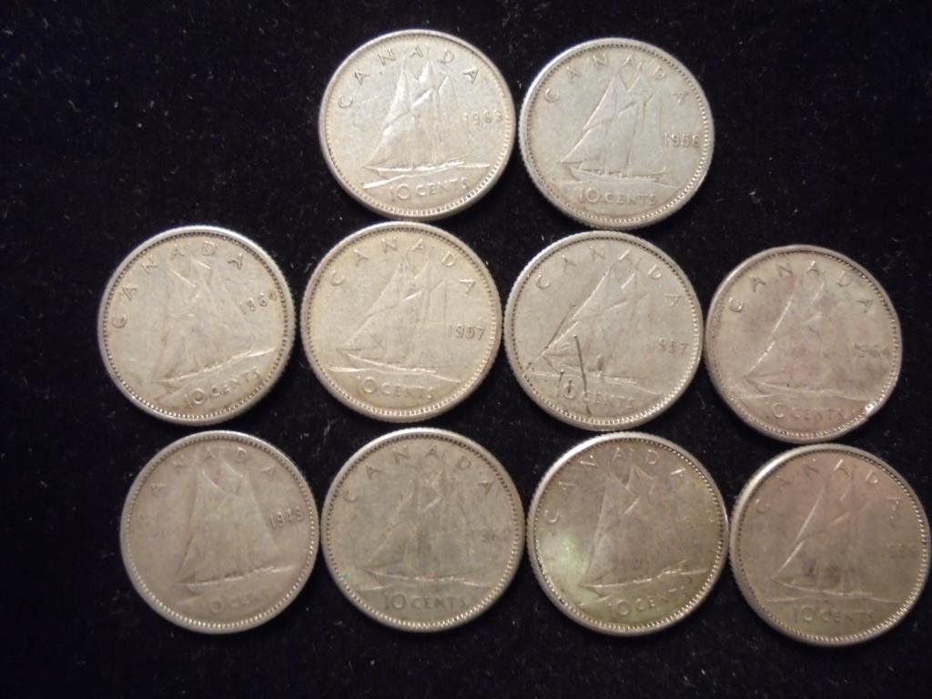 10 ASSORTED CANADA SILVER 10 CENTS (1 of 2)