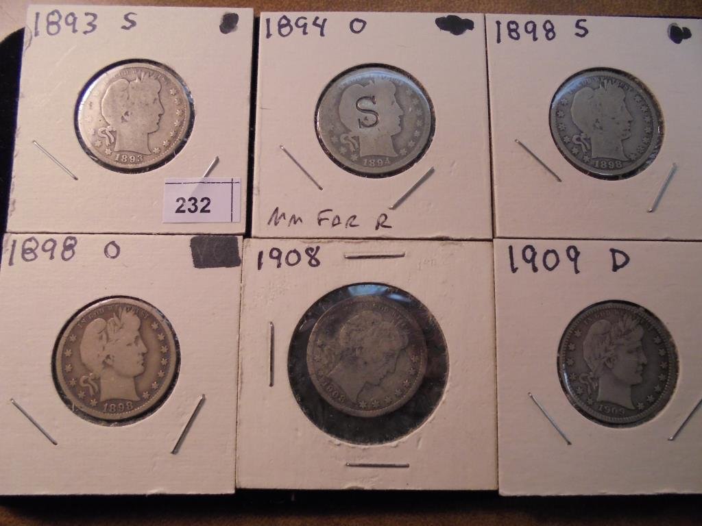 6 BARBER QUARTERS SEE DESCRIPTION 1893-S, 1894-O (1 of 3)