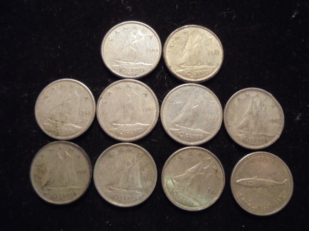10 ASSORTED CANADA SILVER 10 CENTS (1 of 2)