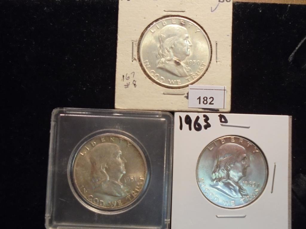 3 FRANKLIN HALF DOLLARS SEE DESCRIPTION 1950-D UNC WITH (1 of 2)