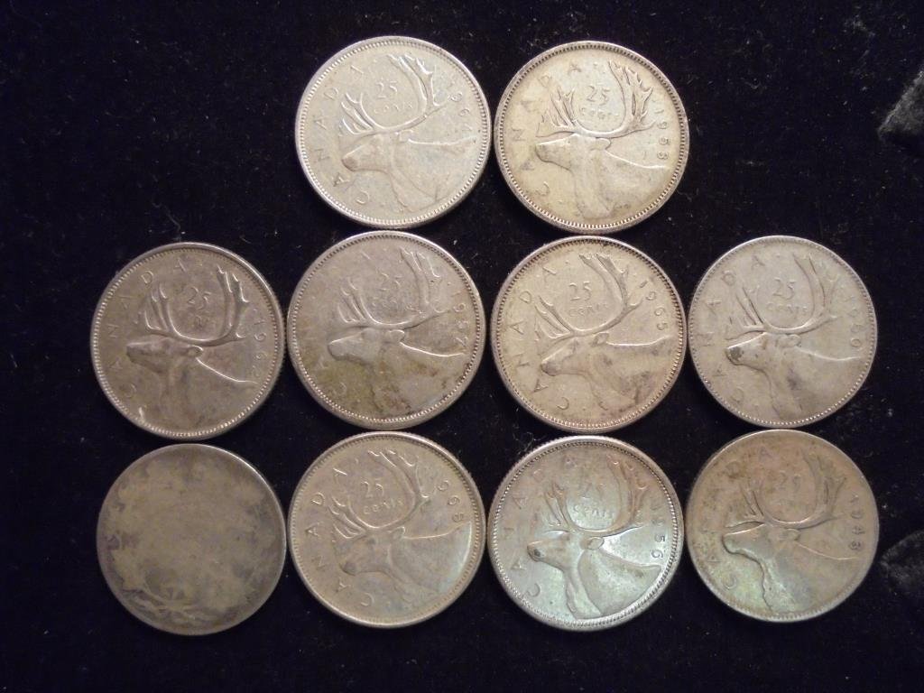 10 ASSORTED CANADA SILVER 25 CENTS (1 of 2)