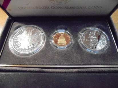 1989 GOLD & SILVER US CONGRESSIONAL 3 COIN PF SET: 1989-W $5 GOLD IS A 1/4 OZ., 1989-S SILVER DOLLAR AND 1989-S HALF DOLLAR, ORIGINAL US MINT PACKAGING