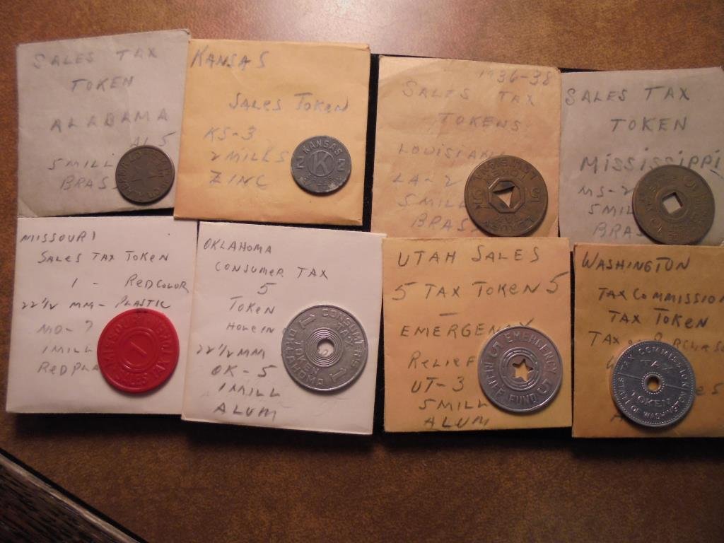 8 SALES TAX TOKENS SEE DESCRIPTION ALABAMA, KANSAS, (1 of 2)
