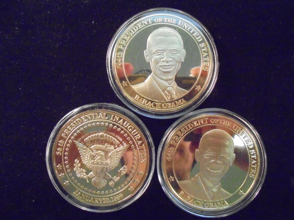 3-2009 BARACK OBAMA INAUGURATION TOKENS (PF) ALL THREE: ALL THREE ARE GOLD IN COLOR AND ARE SILVER DOLLAR SIZED.