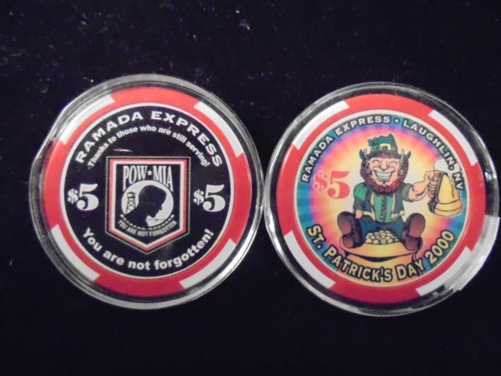2-$5 RAMADA EXPRESS CASINO TOKENS 1 IS POW/MIA AND THE: AND THE OTHER IS ST. PATRICKS DAY 2000