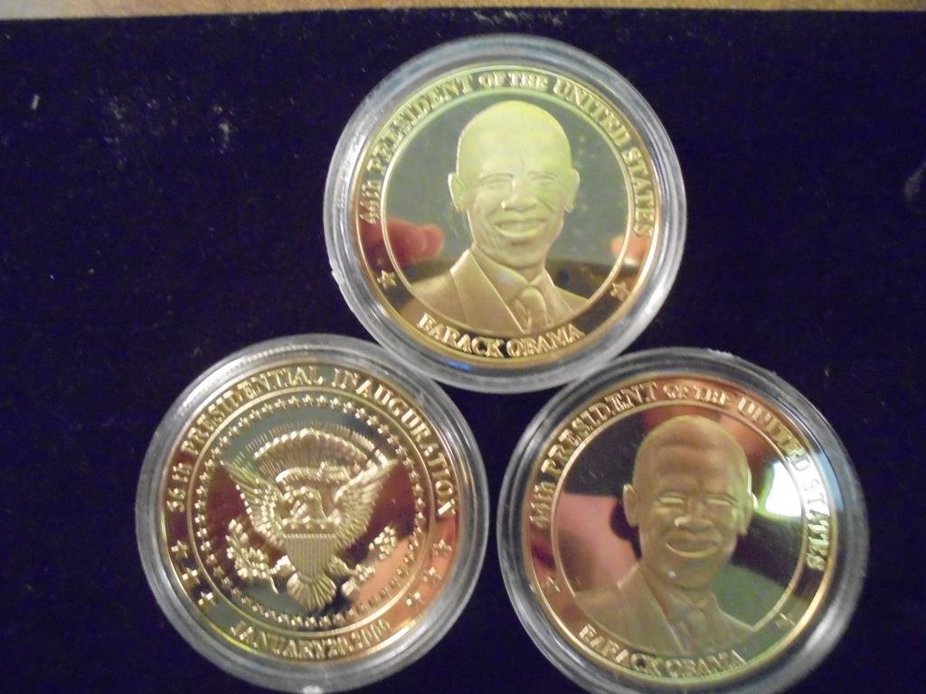 3-2009 BARACK OBAMA INAUGURATION TOKENS (PF) ALL THREE: ALL THREE ARE GOLD IN COLOR AND ARE SILVER DOLLAR SIZED.