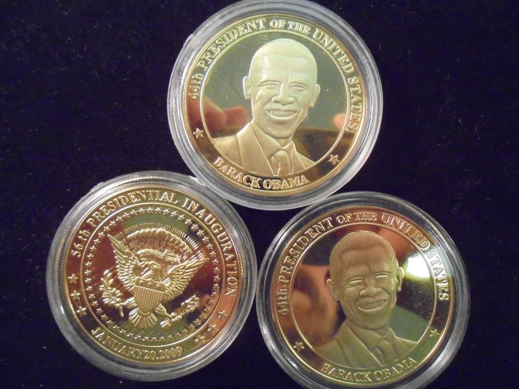 3-2009 BARACK OBAMA INAUGURATION TOKENS (PF) ALL THREE: ALL THREE ARE GOLD IN COLOR AND ARE SILVER DOLLAR SIZED.