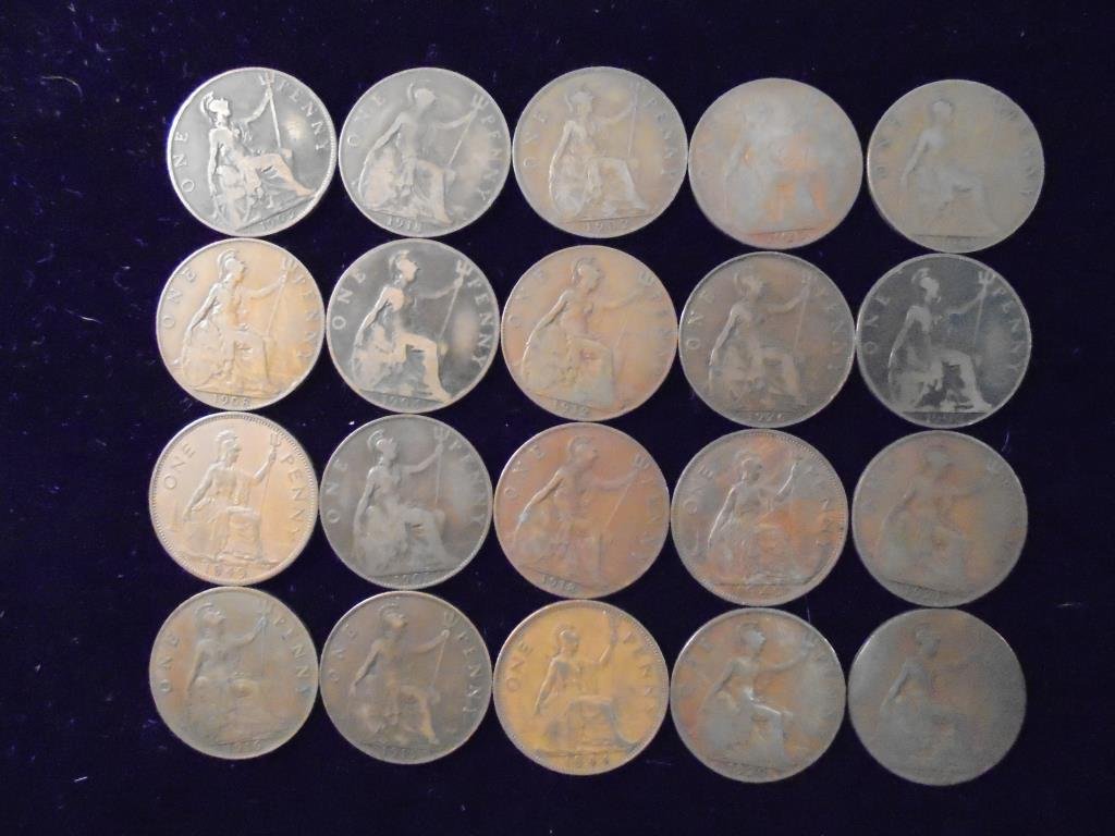 20 ASSORTED GREAT BRITAIN LARGE PENNIES 1902-1949 (1 of 2)